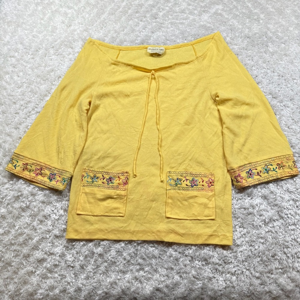 Vintage West Set California Yellow Floral Embroidered Pocket Top Boho Mod Lounge